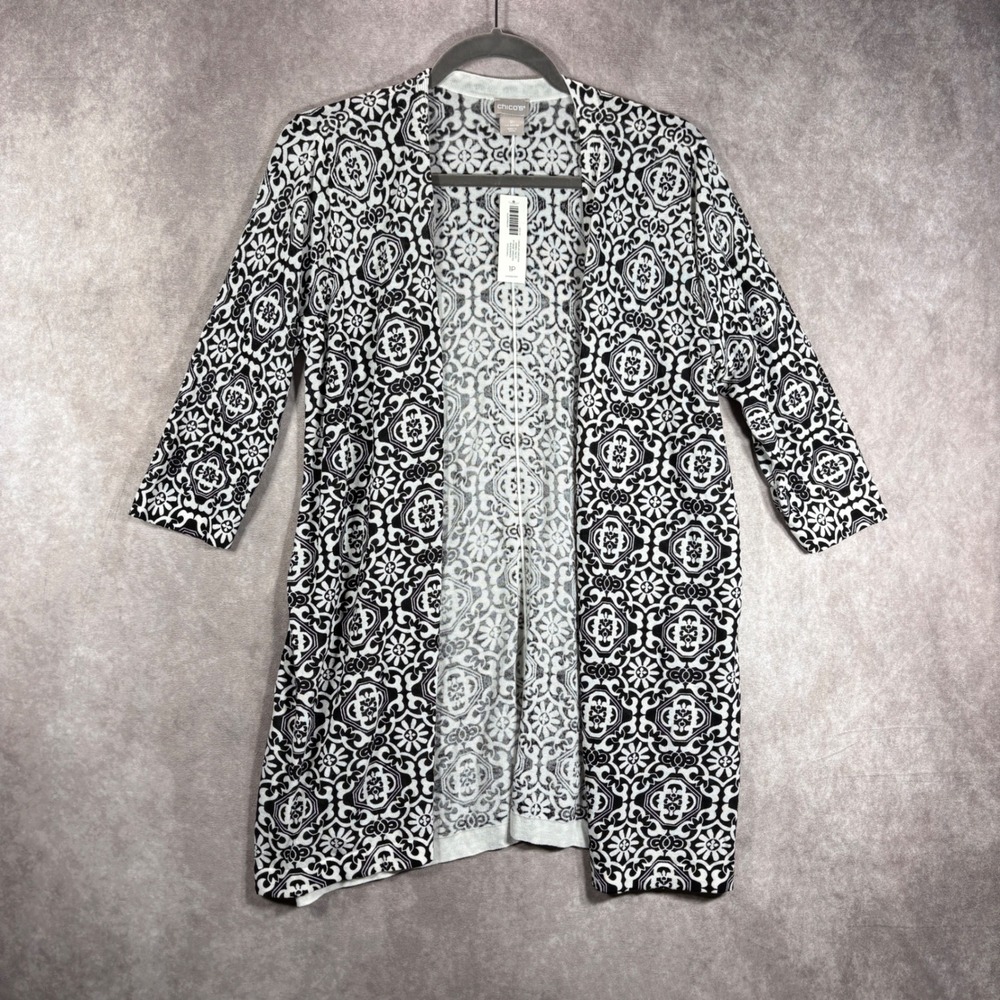 Chicos Cardigan Women 1P US MP Black Spring Tile PT Basic Sweater Open Front NEW